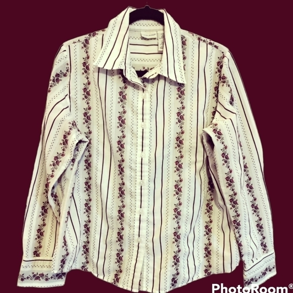 Vintage Roses and striped button front shirt by Sag Harbor women's Large 12/14 - Picture 1 of 7